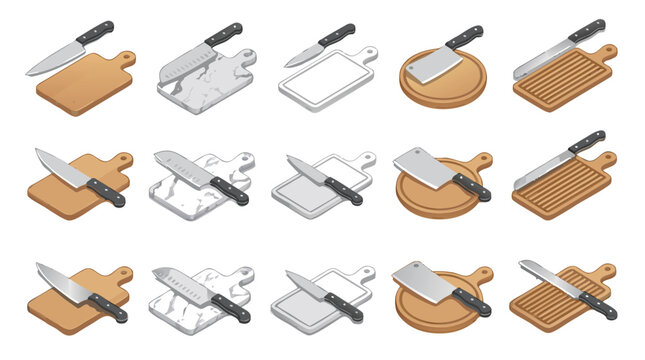 Premium vector icon set of chef knives and cutting boards in a modern isometric style with 3D effects, featuring unique kitchen tools in an ordered grid layout isolated on a clean background.