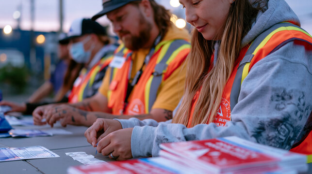 Diverse team of harm reduction outreach workers in high-visibility vests distributing fentanyl test strips at a folding table in an industrial neighborhood at dusk printed drug policy reform guides 