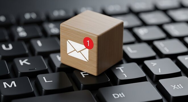 A wooden cube featuring a white envelope icon with a red notification badge placed on a black computer keyboard.