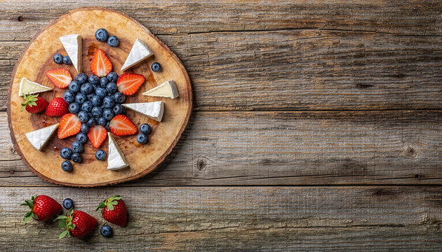 Rustic Fourth of July Charcuterie Board with Strawberries Blueberries and Brie on Barn Wood with Copy Space, Independence Day Food Concept