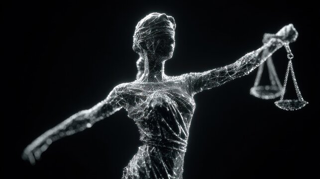 Illuminated digital representation of a blindfolded female figure holding scales against a dark background