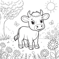 Naklejka premium Happy cow in sunny meadow with flowers