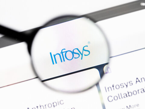 Milan, Italy 2026, 20 Apr Closeup of Infosys website on a laptop screen. Infosys logo under a magnifying glass.