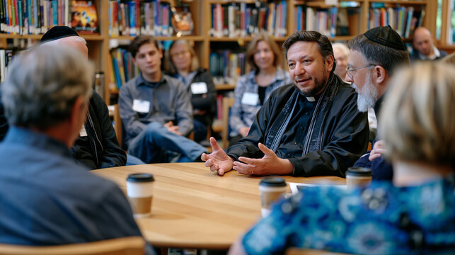 Rabbi, imam, and Episcopal priest seated in a semicircle with community members in a library meeting room, facilitating structured conversation, name tags, coffee cups, interfaith dialogue coexisten