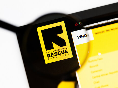 Milan, Italy 2026, 20 Apr Closeup of International Rescue Committee website on a laptop screen. International Rescue Committee logo under a magnifying glass.