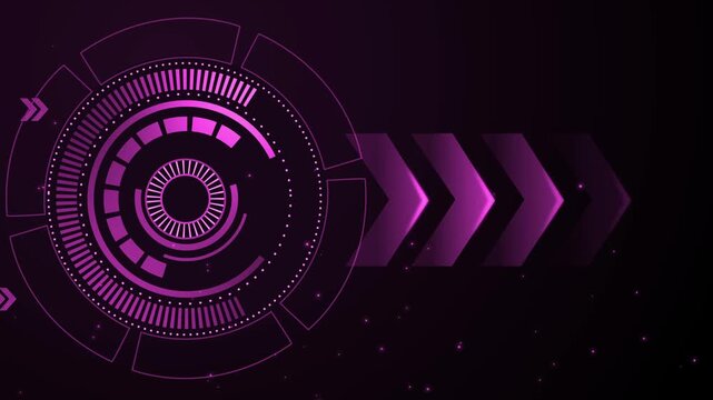 Futuristic hud interface with circular digital elements and chevrons on dark starry background animation