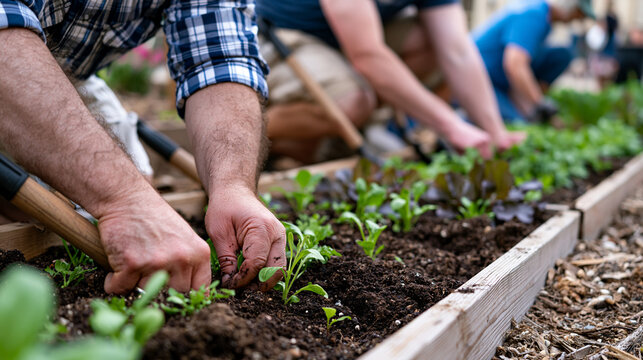 Volunteer parishioners kneeling in a church garden plot, planting seedlings between rows of vegetables destined for a food pantry, raised beds and hand tools, religious community service growing nou