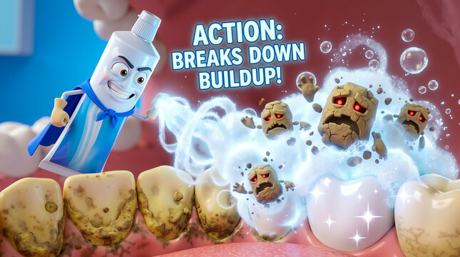 A cartoon character holding a bottle of toothpaste in front of a bunch of teeth