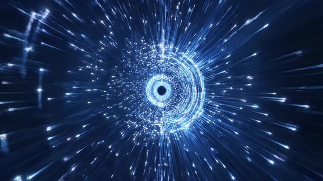 A dazzling blue light tunnel with streaks of light radiating outwards.