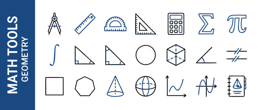 Comprehensive Collection of Math and Geometry Line Icons Featuring Educational Tools, Geometric Shapes, Mathematical Symbols, Graphs, and Calculation Equipment for Science and Education Projects