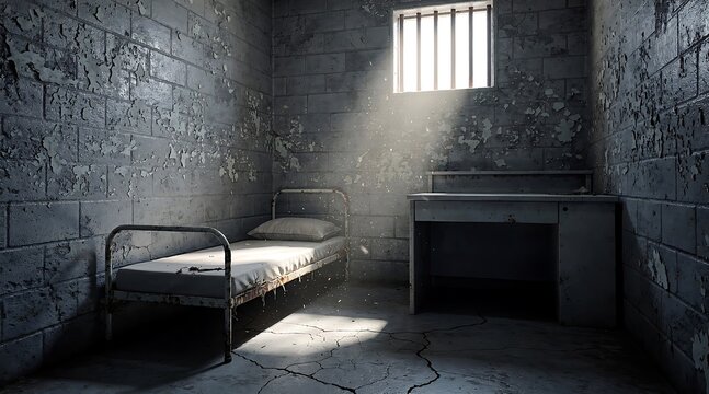 Dimly lit prison cell interior with a metal bed frame and barred window.