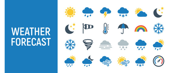 Naklejka premium Comprehensive Weather Forecast Icon Set Featuring Sun, Rain, Snow, Storm, Wind, Moon, Thermometer, Umbrella, Rainbow, and Clouds. Flat Vector Illustration for Meteorology Apps and Websites.