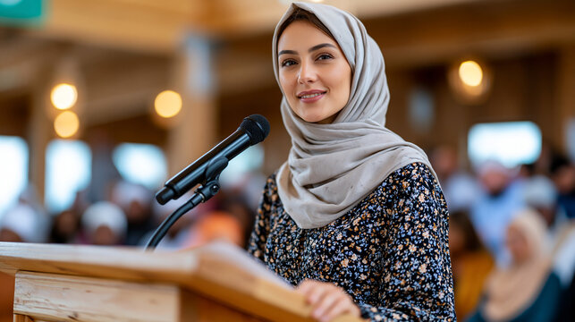 Young adult Muslim woman delivering a khutbah to a mixed gender congregation in a progressive mosque, confident posture at the podium, women religious leadership Islam reform community contemporary 