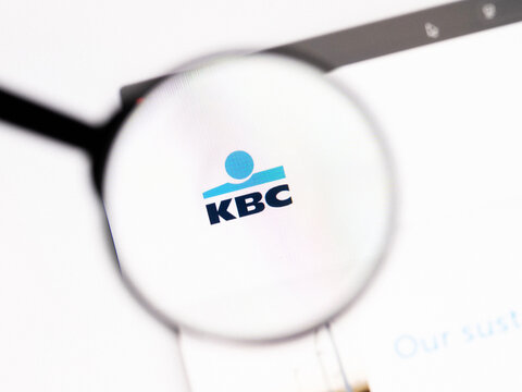 Milan, Italy 2026, 20 Apr Closeup of KBC Group website on a laptop screen. KBC Group logo under a magnifying glass.