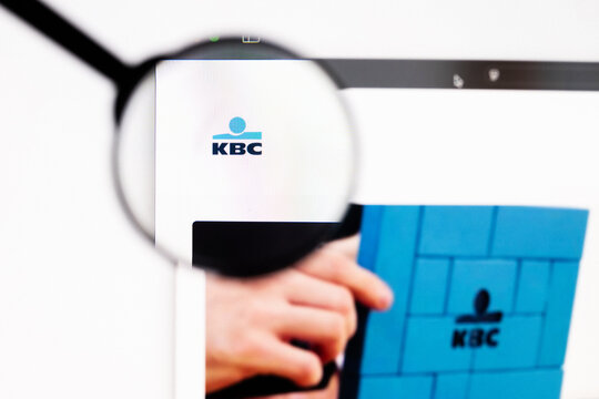 Milan, Italy 2026, 20 Apr Closeup of KBC Group website on a laptop screen. KBC Group logo under a magnifying glass.