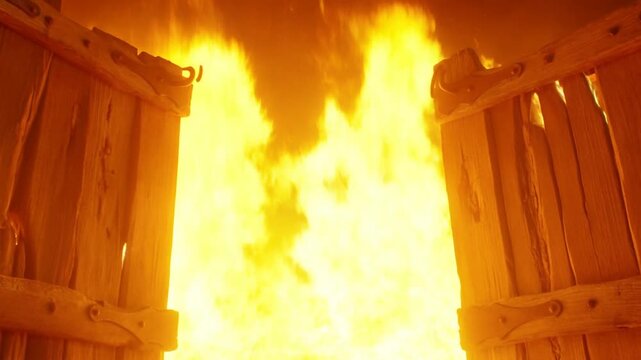 Tracking push in shot of wooden gate swinging open to reveal raging flames and intense fire engulfing barn interior through charred doorway at close range