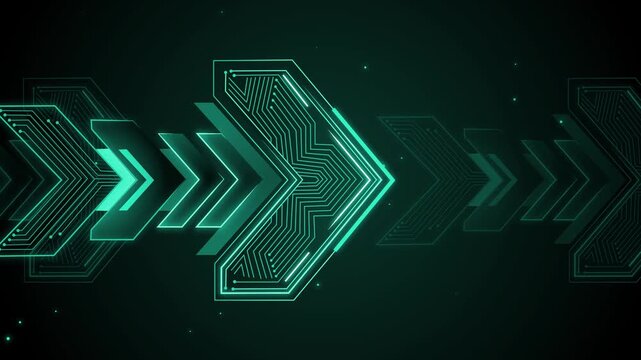 Neon futuristic arrow shapes with circuit-patterned hex arrow pointing right background animation