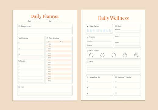 Minimalist Daily Planner and Wellness Tracker Template