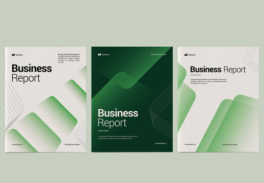 Corporate Business Report Cover Design Template with Green Abstract Shapes