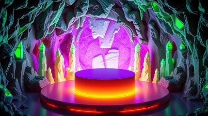 Fototapeta premium Dramatic cave scene. Glowing platform center stage. Purple, green, orange hues create intense atmosphere. Mysterious portal visible.