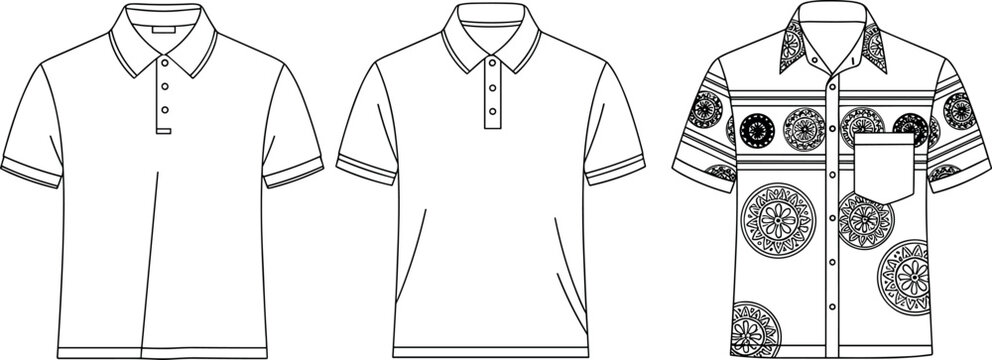Men casual collared shirt fashion technical sketch template set including basic polo shirts and patterned short sleeve button down vector