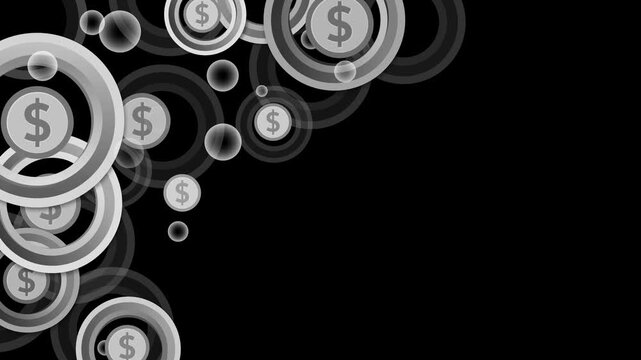 Abstract financial background with overlapping circular coins and dollar symbols animation