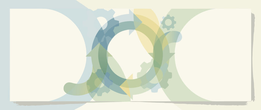 Abstract panoramic vector banner featuring a circular economy loop with gears and arrows. Subtle background watermark design for sustainability, recycling, and industrial business presentations.