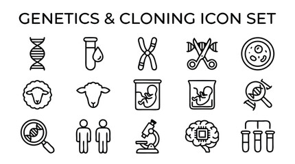 Fototapeta premium Professional Set of Genetics and Cloning Line Icons Illustrating DNA Strands, Lab Equipment, Molecules, and Biological Research Symbols for Scientific, Medical, and Healthcare Industry Concepts.