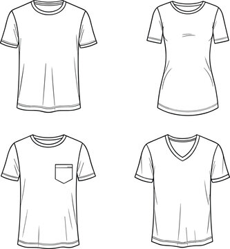 Unisex fashion casual tshirt technical sketch collection featuring crew neck v neck and front pocket tee outline vector
