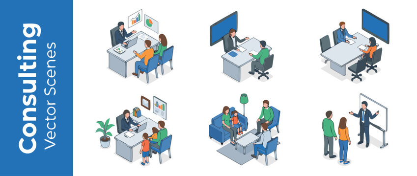Isometric Business Consulting Vector Scenes Set Featuring Professional Office Meetings, Financial Planning with Couples, Family Therapy Sessions, Corporate Presentations, and Legal Advice.