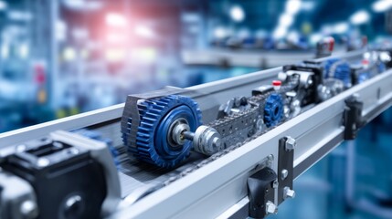 Fototapeta premium Industrial production line with mechanical components and blue gear in factory