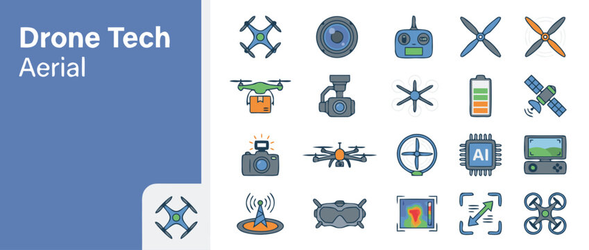 Comprehensive Drone Technology and Aerial Photography Vector Icon Set Featuring Quadcopters, Remote Controllers, Cameras, Propellers, Batteries, Satellite, AI Chip, FPV Goggles, and Delivery Drones.