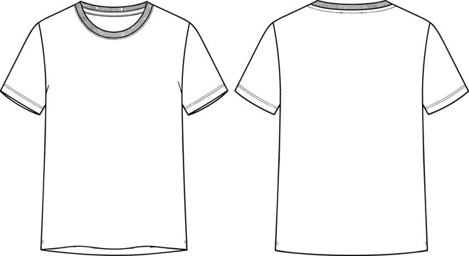 Plain short-sleeve T-shirt technical drawing front and back view with seam, neckline, sleeve hem, bottom hem details &ndash; fashion design flat vector illustration