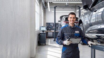 Female Automotive Technician Inspecting Vehicle in Modern Auto Service Center
