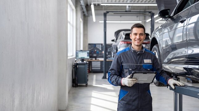Female Automotive Technician Inspecting Vehicle in Modern Auto Service Center