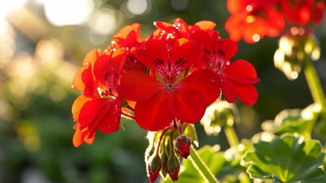 Vibrant red geranium cluster with morning dew droplets blooming in warm backlighting sunlight against a soft focus green garden background during golden hour.