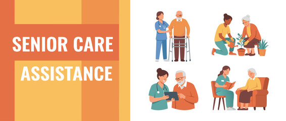 Fototapeta premium Senior Care Assistance Banner with Flat Vector Illustrations of Professional Caregivers Helping Elderly People with Mobility, Gardening, Digital Technology, and Reading at Home or Clinic.