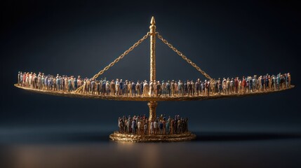 Fototapeta premium Tiny figures representing humanity stand precariously balanced on a luxurious golden scale.