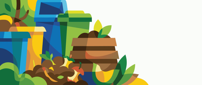 Vibrant panoramic vector illustration of a recycling and composting station featuring colorful sorting bins, organic food waste, and a compost pile for sustainable eco-friendly waste management.