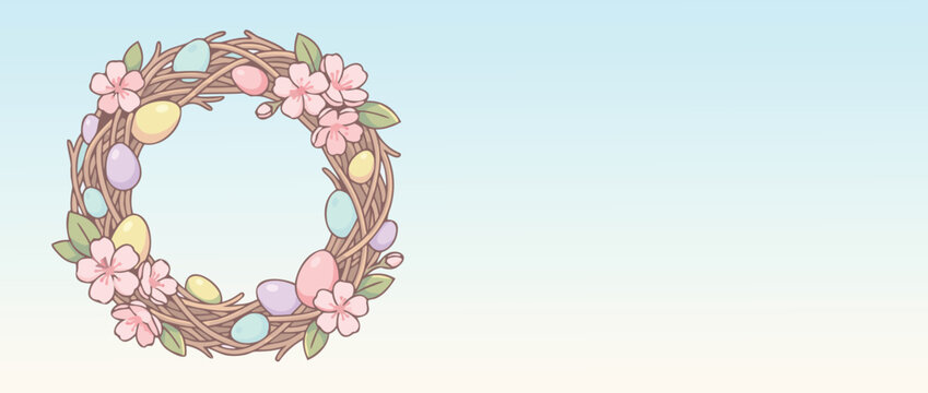 Panoramic Vector Banner Illustration of a Spring Wreath Frame on the Left with Pastel Easter Eggs, Pink Cherry Blossoms, and Green Leaves on a Soft Gradient Background for Seasonal Greeting Cards