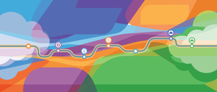 Colorful Panoramic Vector Banner Illustration of a Product Roadmap with Timeline Line and Milestones, Abstract Geometric Background for Business Strategy Planning and Project Management Concept.