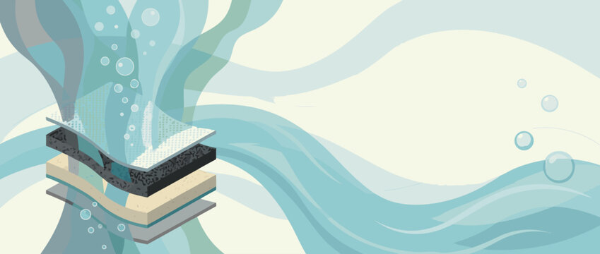 Panoramic vector banner illustration of a multi-layer water filtration system showing purification process with bubbles and flowing blue waves for clean drinking water and environmental concept.