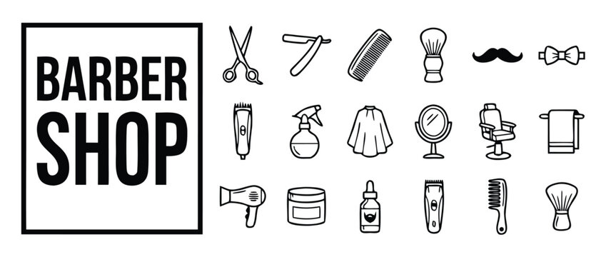 Barber Shop Icon Set and Logo Design with Professional Hairdressing Tools including Scissors, Straight Razor, Comb, Shaving Brush, Mustache, Hair Clipper, Spray Bottle, Cape, Mirror, and Chair.