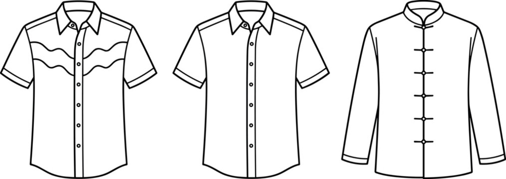 Men fashion technical sketch set including western yoke shirt casual short sleeve button down and traditional oriental jacket vector