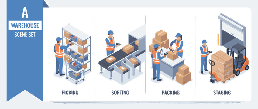 Isometric Warehouse Operations Vector Illustration Set: Workers Picking Items from Shelves, Sorting Boxes on Conveyors, Packing Parcels, and Staging Pallets with Forklifts and Barcode Scanners.