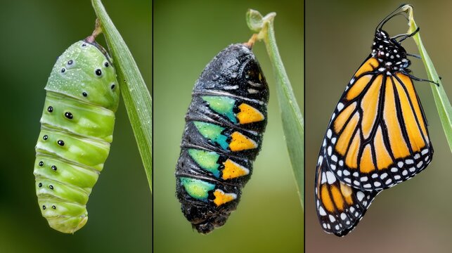 Sequential metamorphosis stages of an insect showing pupa development and final adult emergence