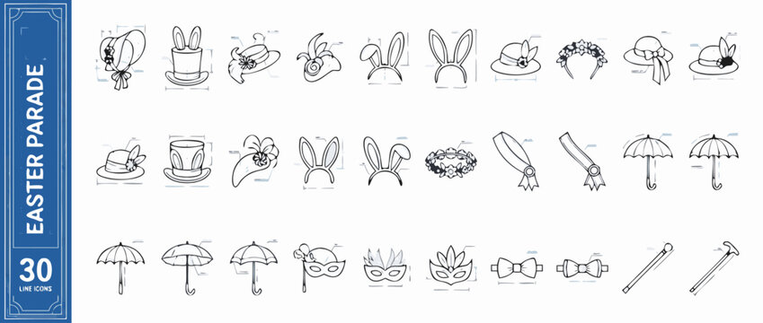 Set of 30 Easter Parade Line Icons Featuring Hats, Costume Accessories, and Fashion Items in a Technical Blueprint Style. Includes Bonnets, Bunny Ears, Parasols, Masks, Bow Ties, and Canes.