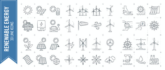 Naklejka premium Comprehensive Set of 30 Renewable Energy Line Icons Including Solar Panels, Wind Turbines, Hydroelectric Power, Electric Vehicles, and Green Technology Symbols for Sustainable Energy Solutions.