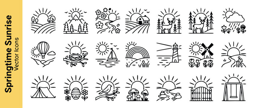 Springtime Sunrise Landscape Vector Icon Set. Minimal Monoline Style Icons of Nature, Mountains, Forest, Farm, Camping, Hiking, Garden, Lighthouse, Windmill, and Outdoor Morning Scenery.