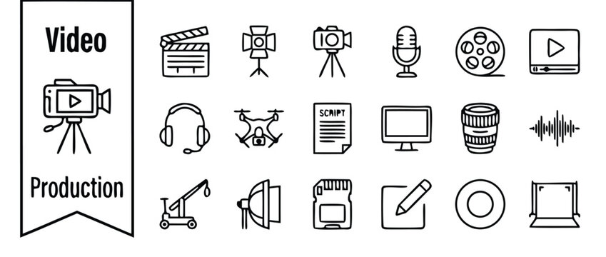Professional Video Production Icon Set Featuring Filmmaking Equipment Like Camera, Microphone, Lighting, Script, Drone, and Editing Tools for Cinematography and Media Content Creation.